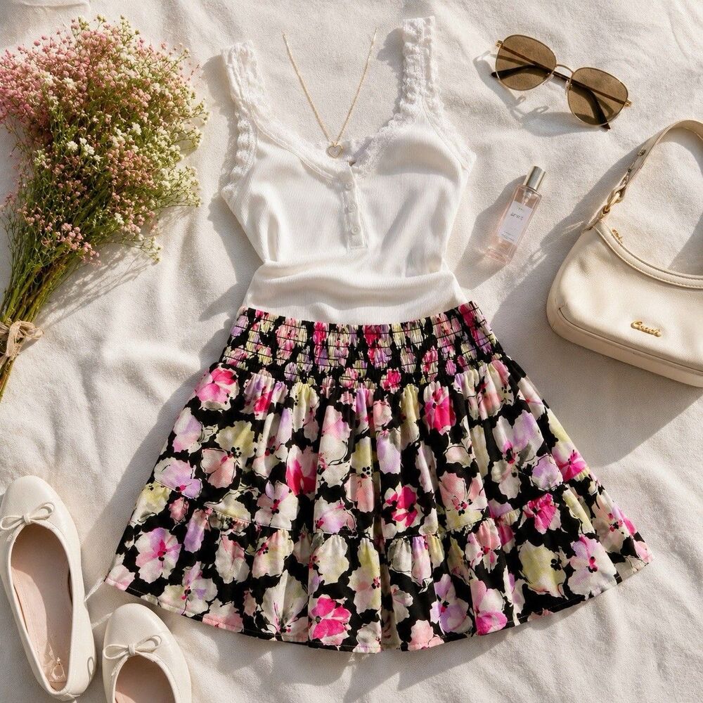 Express Floral Micro Mini Skirt Black Pink Y2K Coquette Tiered Smocked Medium